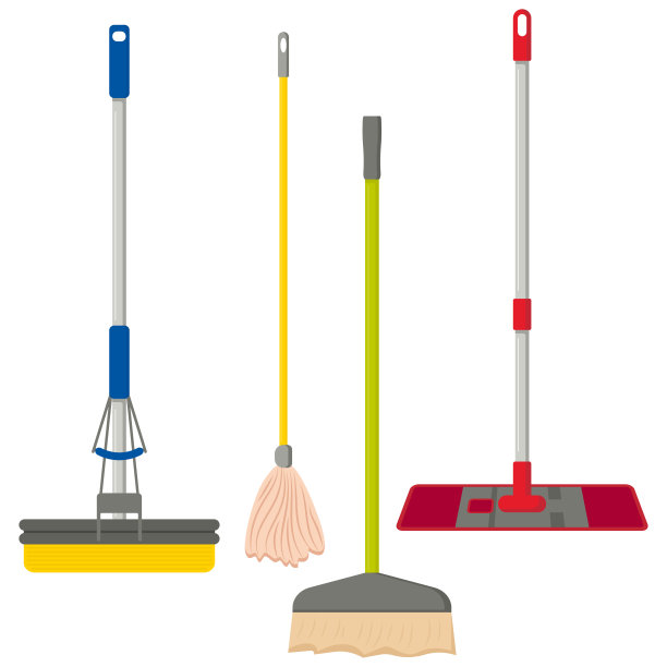 拖把和扫帚。设备清洗。向量。图片下载