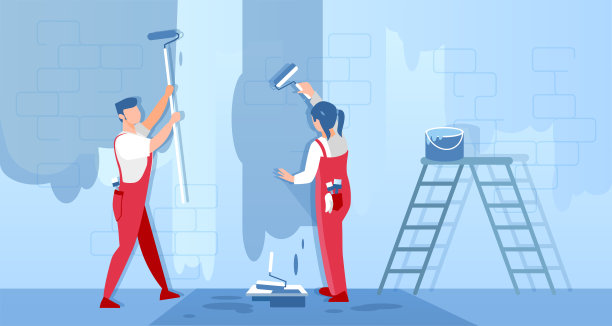 一男一女建筑工人正在粉刷修墙。图片下载