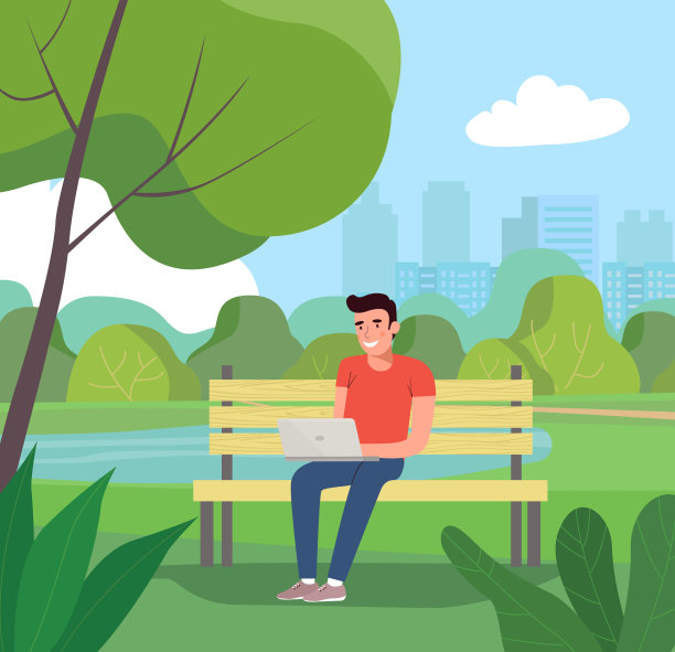 坐在长椅上用笔记本的男人矢量扁平插画素材图片