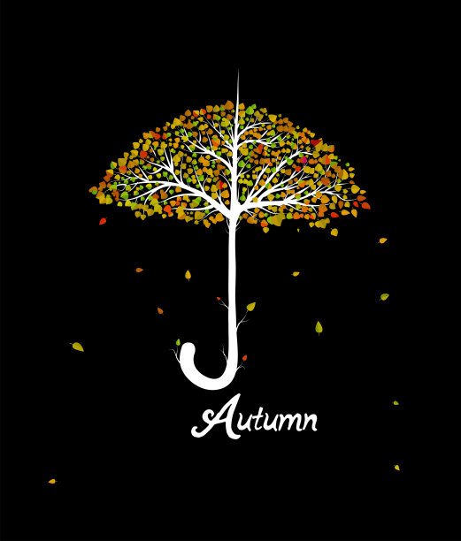 秋天的概念，雨伞就像树一样，用彩色的叶子在黑色的背景上向量图片下载