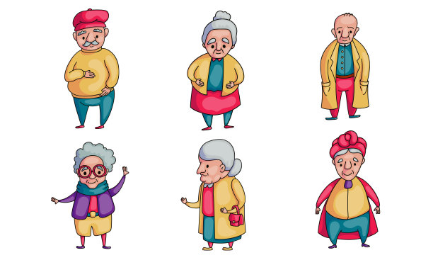 积极的老年时尚灰白头发的女人和男人矢量插图图片下载