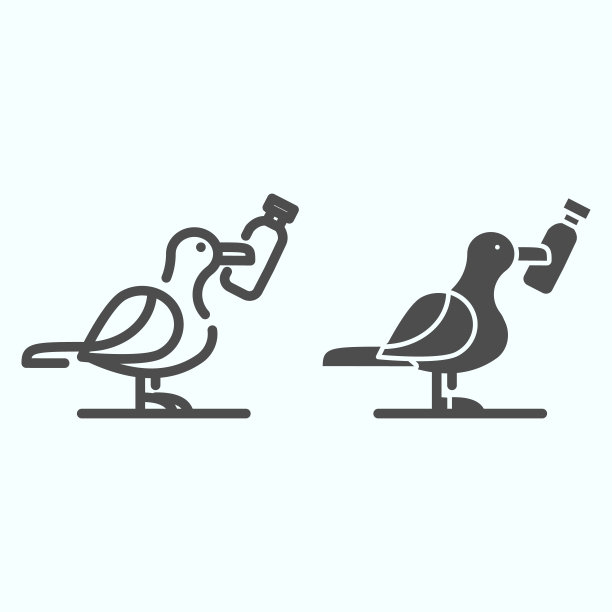 塑料污染海鸥线和固体图标。海鸥与瓶子在喙插图孤立在白色。海鸟食一次性容器外形风格设计，专为网页和app设计。Eps 10。图片下载