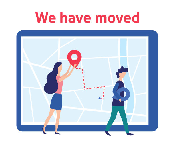 我们有感动。女人和男人在地图上贴着标签。新地址。矢量图图片下载