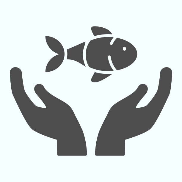 鱼与手护理固体图标。生态环境鱼类保护插图孤立上白。Save the Sea标志字形风格设计，适用于网页和应用程序。Eps 10。图片下载
