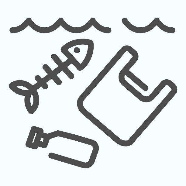 海洋污染线图标。肮脏的海洋污染插图孤立在白色。塑料垃圾和瓶子与鱼骨架轮廓风格设计，专为网页和应用设计。Eps 10。图片下载