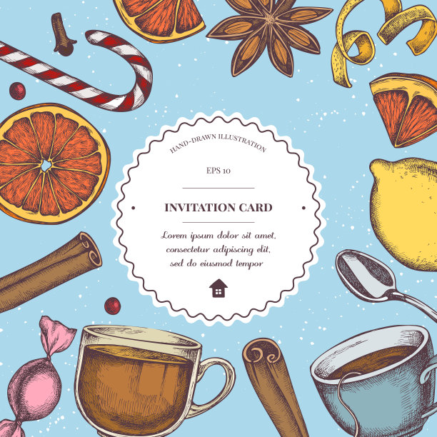 矢量组成彩色肉桂，棒棒糖，糖果，柠檬，橙子，茶匙，茶杯图片下载
