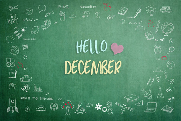 你好12月问候在绿色学校老师的黑板与创造性的学生涂鸦学习教育图形徒手插图图标回到学校月的概念图片下载