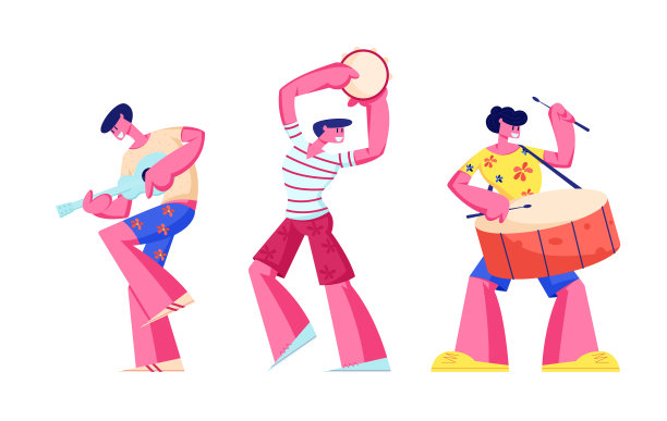 狂欢乐手孤立在白色背景上。巴西传统节日期间，年轻人在打鼓和弹奏尤克里里琴。使用不同乐器的艺术家。卡通平面矢量插图图片下载