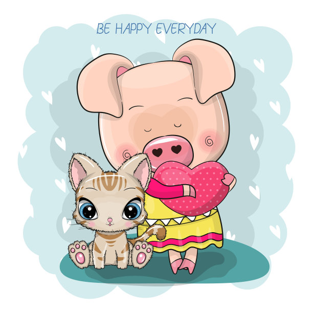 可爱的图画小猪女孩和小猫孤立在一个蓝色的背景图片下载