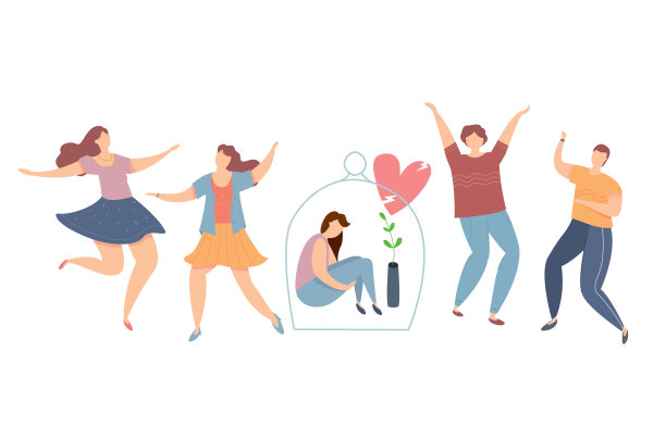 内向和外向的现代矢量插图上的派对。孤独内向的女孩在跳舞的人群中。玻璃穹顶下的悲伤女孩。破碎的爱。图片下载