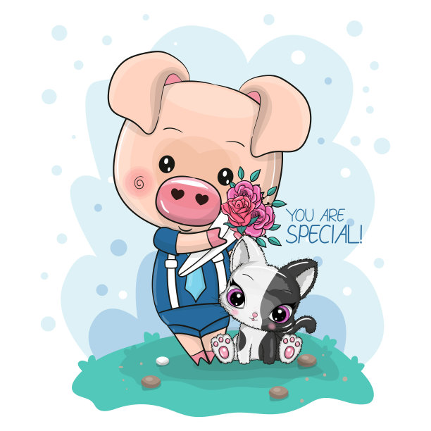 酷卡通可爱的猪与花和可爱的小猫图片下载