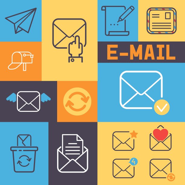 电子邮件大纲图标旗帜矢量插图。卡通邮件元素信件，信封，邮票，邮筒，包裹，铅笔。纸飞机的迹象。重新加载，收到图标设计。图片下载