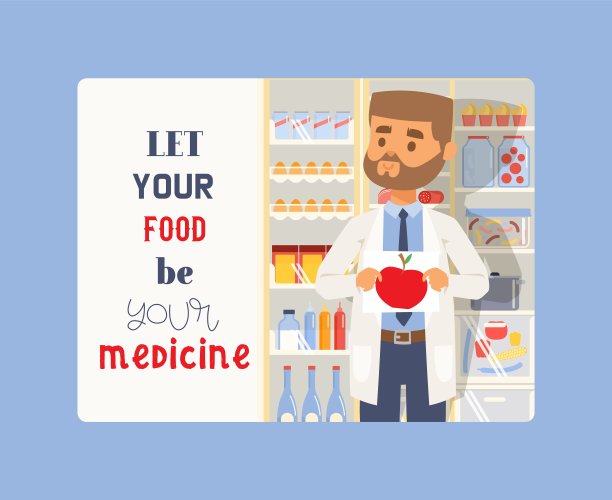 让你的食物成为你的药旗。男子拿着苹果的照片，放在药或药丸的背景上。穿着制服的医务专业药剂师。吃水果和蔬菜等维生素。图片下载