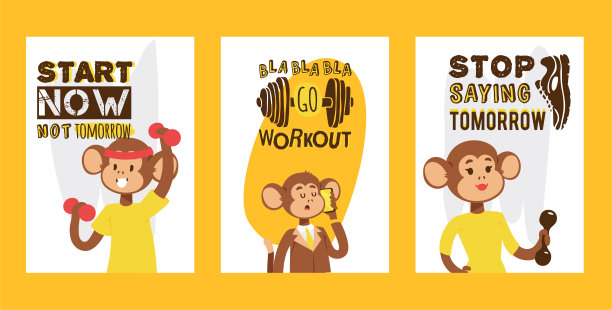 像猴子一样的人物运动矢量插图。野生卡通动物招聘申请登陆页面。职业哺乳动物运动员的旗帜。动物灵长类在健身房健身健康的生活方式海报文字图片下载