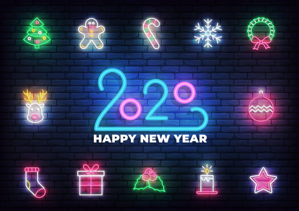 圣诞节和新年的霓虹灯图标。一套发光的霓虹灯图标设计为2020年圣诞节图片下载