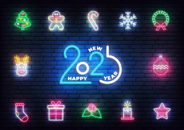 圣诞节氖图标。一套发光的霓虹灯图标设计的圣诞节和新年图片下载