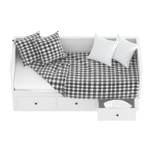 一个木制的白色沙发，上面有两个格子，两个白色枕头和一个白色的床垫，背景是白色的。三维渲染图片下载