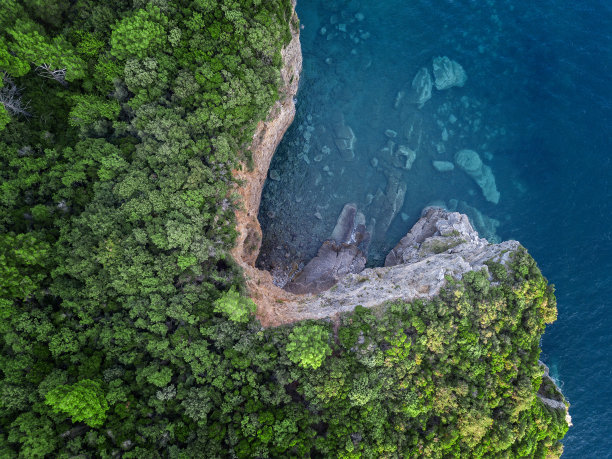 鸟瞰图陡峭的悬崖，未被破坏的自然黑山海岸。图片下载