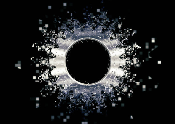 坍缩抽象的银色齿轮漂浮在黑色背景上图片下载