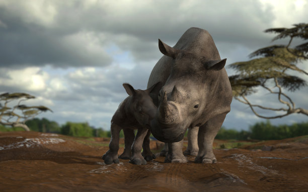 小犀牛在爸爸的支持下，小牛信任爸爸，3d渲染图片下载