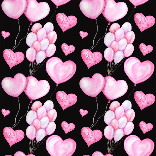 无缝水彩心形气球图案，爱心贺卡概念。气球纹理的剪贴簿。婚礼，情人节横幅，海报设计。手绘红粉心在黑色的背景图片下载