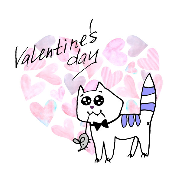 情人节贺卡。简单可爱的轮廓猫与老鼠在它的牙齿。送你最爱的礼物。涂鸦。用于明信片，标志，徽章，文具，网页图片下载