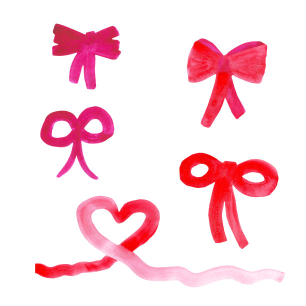 水彩丝带与心形和蝴蝶结的红色和粉色设置元素在白色的背景图片下载