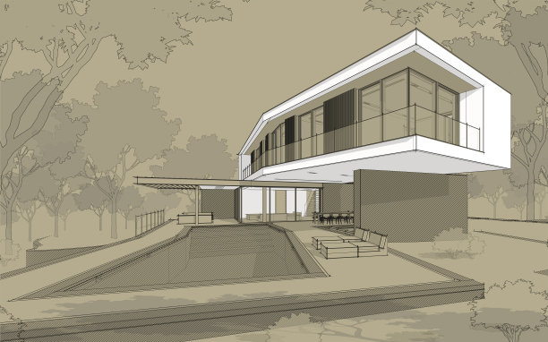 山上现代住宅的3d渲染，工艺背景上有水池黑线图片下载