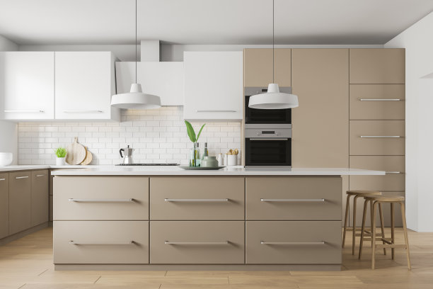 白色和米色的厨房内部与酒吧图片下载