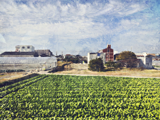 以城市抽象的色彩建筑为背景绘制水彩插画。图片下载