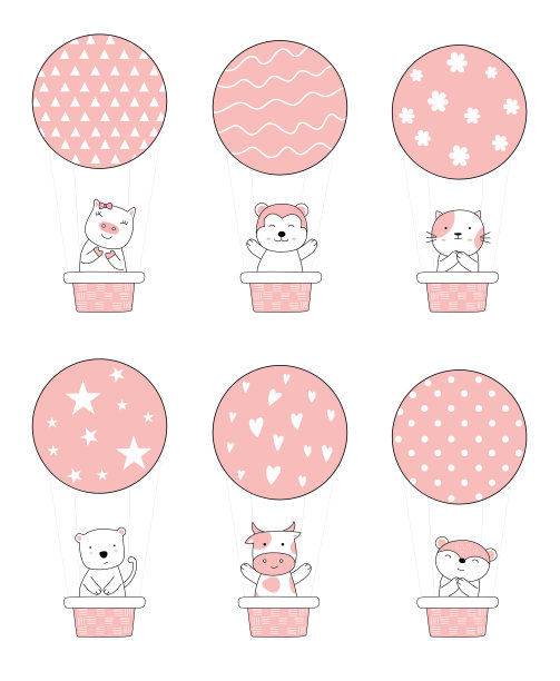 可爱的小动物和气球空气。手绘卡通风格图片下载