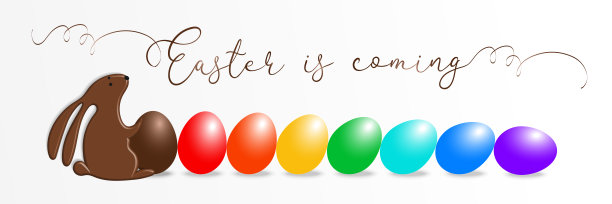 复活节快乐贺卡与巧克力兔子和彩色蛋的连锁反应，多米诺效应在白色的背景。兔子糖果和节日字体-复活节来了。矢量图图片下载