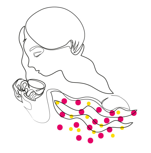 坐女人喝茶的简单线条艺术画。图片下载