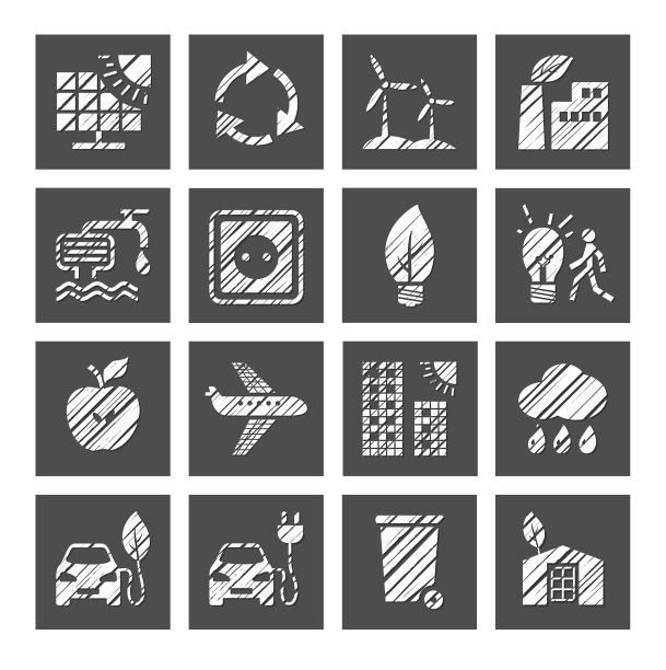 环保技术，图标，单色，方形，平面，铅笔孵化，设置，矢量。图片下载