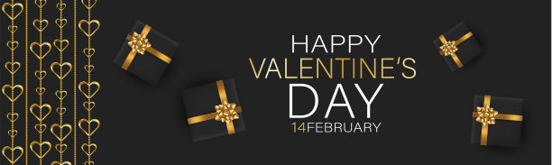 情人节横幅背景或网站标题悬挂金色3d心和礼品盒与红色蝴蝶结和丝带。爱的设计理念。浪漫的邀请或促销活动。矢量插图。图片下载