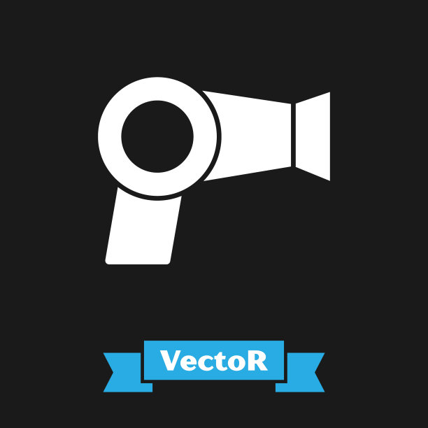 白色吹风机图标孤立在黑色背景。吹风机的迹象。头发干燥的象征。吹热空气。矢量图图片下载