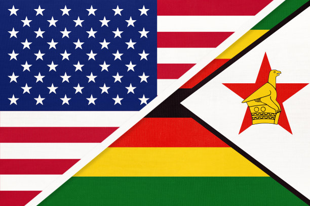美国vs津巴布韦的纺织品国旗。两个美国和非洲国家之间的关系。图片下载