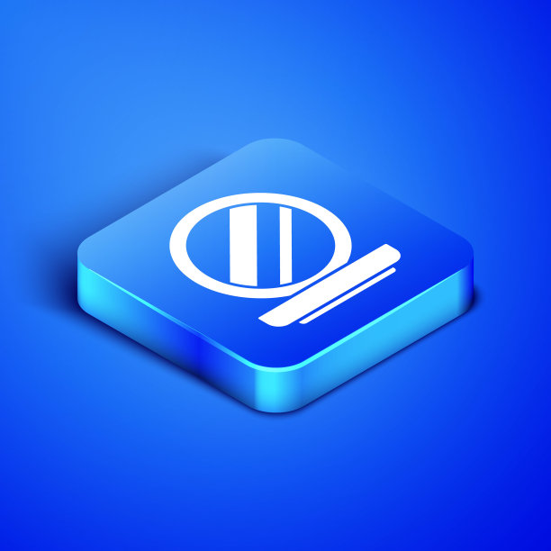 等距化妆粉与镜子图标隔离在蓝色背景。蓝色方块按钮。矢量图图片下载