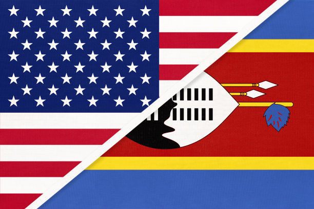 美国vs斯瓦蒂尼或斯威士兰的纺织品国旗。两个美国和非洲国家之间的关系。图片下载