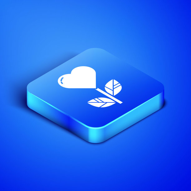 等距心脏形状的花图标孤立在蓝色的背景。蓝色方块按钮。矢量图图片下载