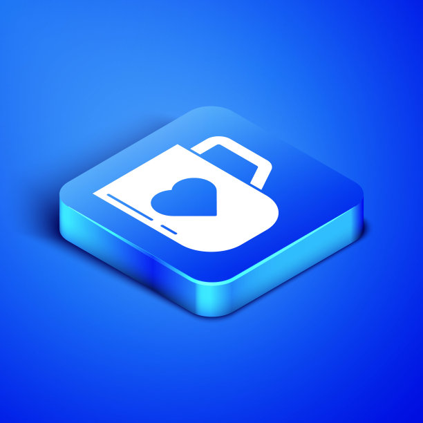 等距咖啡杯和心脏图标孤立在蓝色背景。情人节的情侣咖啡。蓝色方块按钮。矢量图图片下载