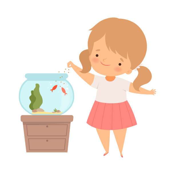小女孩站在鱼缸附近喂鱼矢量插图图片下载