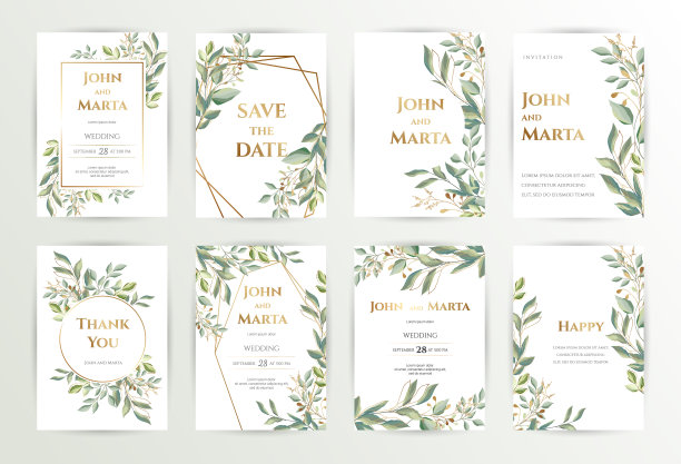 婚礼邀请。一套卡片与树叶和几何框架。eps10图片下载