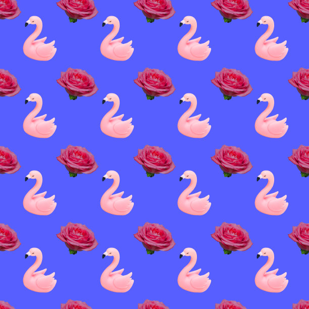 粉红色火烈鸟和玫瑰花蕾在蓝色背景的图案图片下载