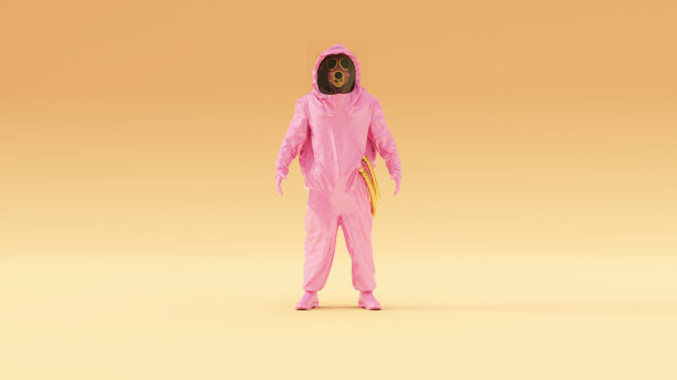 粉红金色危险品NBC套装Raver与温暖的奶油背景右视图图片下载