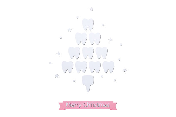 健康牙齿圣诞树造型，为圣诞快乐、新年快乐，牙科保健理念——牙齿卡通剪纸风格图片下载