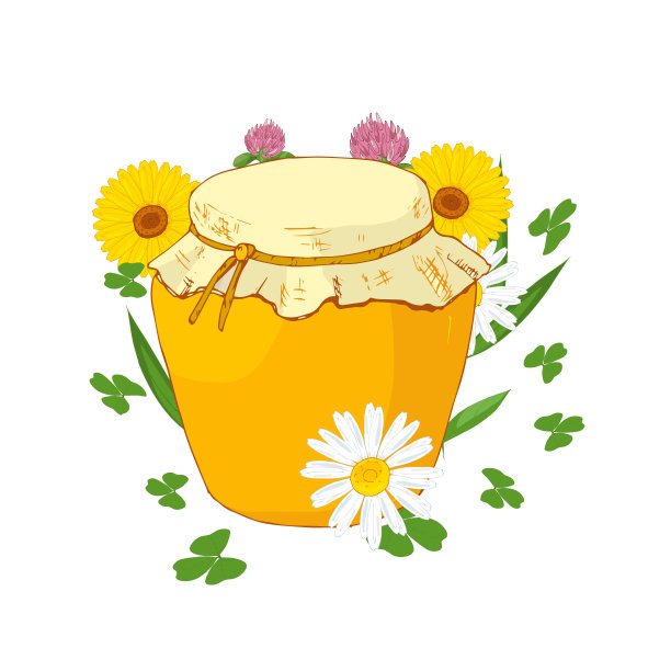 一盆蜂蜜和鲜花。孤立的白色背景。矢量图图片下载