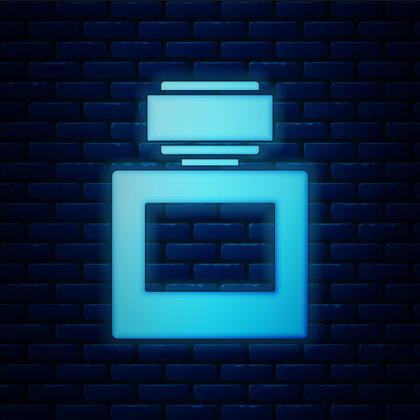 霓虹灯须后水图标孤立在砖墙背景上。香水喷雾图标。男性香水瓶子。矢量图图片下载