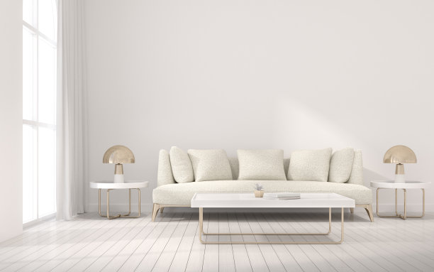 白色墙壁上的布质沙发和圆形边桌可以看到客厅的空间。极简的室内设计透视与金灯。3 d渲染。图片下载