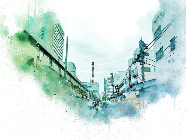 以城市抽象的色彩建筑为背景绘制水彩插画。图片下载